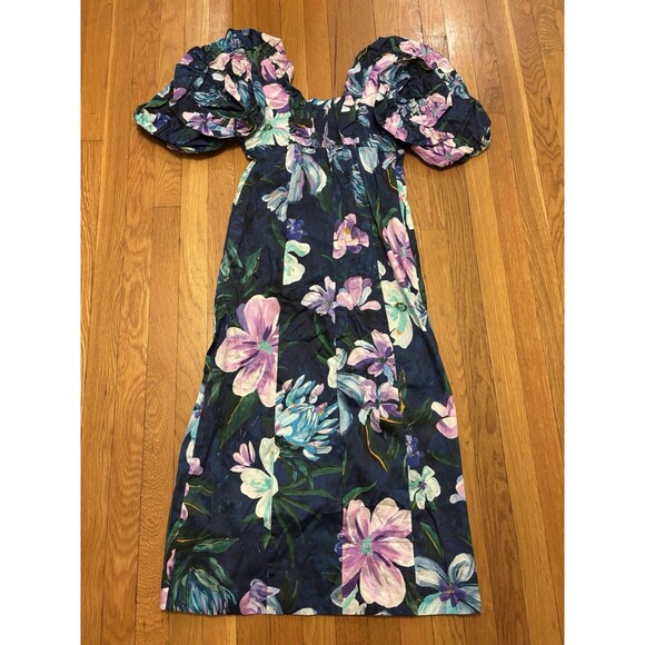 FARM RIO Blue Floraline Ruffle Floral Print Midi Dress Puff Sleeve Size M - Picture 9 of 9